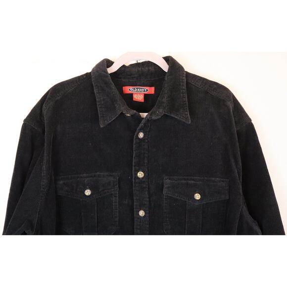 Vintage 90s Old Navy Black Corduroy Shacket Shirt Jacket Button Cotton Men Large - Picture 2 of 7
